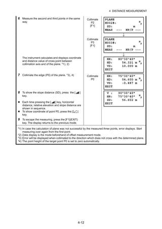 4-12
4 DISTANCE MEASUREMENT
6 Measure the second and third points in the same
way.
Collimate
P2
[F1]
Collimate
P3
[F1]
The instrument calculates and displays coordinate
and distance value of cross point between
collimation axis and of the plane. *1), 2)
7 Collimate the edge (P0) of the plane. *3), 4) Collimate
P0
8 To show the slope distance (SD), press the [ ]
key.
Each time pressing the [ ] key, horizontal
distance, relative elevation and slope distance are
shown in sequence.
To show coordinate of point P0, press the [ ]
key.
9 To escape the measuring, press the [F1](EXIT)
key. The display returns to the previous mode.
*1) In case the calculation of plane was not successful by the measured three points, error displays. Start
measuring over again from the first point.
*2) Data display is the mode beforehand of offset measurement mode.
*3) Error will be displayed when collimated to the direction which does not cross with the determined plane.
*4) The point height of the target point P0 is set to zero automatically.
PLANE
N002#: N
P
SD: m
MEAS --- NP/P ---
PLANE
N003#: N
P
SD: m
MEAS --- NP/P ---
HR: 80°30'40"
HD: 54.321 m N
P
VD: 10.000 m
EXIT
HR: 75°30'40"
HD: 54.600 m N
P
VD: -0.487 m
EXIT
V : 90°30'40"
HR: 75°30'40" N
P
SD: 56.602 m
EXIT
 