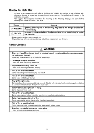 3
Display for Safe Use
In order to encourage the safe use of products and prevent any danger to the operator and
others or damage to properties, important warnings are put on the products and inserted in the
instruction manuals.
We suggest that everyone understand the meaning of the following displays and icons before
reading the “Safety Cautions” and text.
• Injury refers to hurt, burn, electric shock, etc.
• Physical damage refers to extensive damage to buildings or equipment and furniture.
Safety Cautions
Display Meaning
Ignoring or disregard of this display may lead to the danger of death or
serious injury.
Ignoring or disregard of this display may lead to personal injury or phys-
ical damage.
WARNING
• There is a risk of fire, electric shock or physical harm if you attempt to disassemble or repair
the instrument yourself.
This is only to be carried out by an authorized dealer, only!
• Cause eye injury or blindness.
Do not look at the sun through a telescope.
• High temperature may cause fire.
Do not cover the charger while it is charging.
• Risk of fire or electric shock.
Do not use damaged power cable, plug and socket.
• Risk of fire or electric shock.
Do not use a wet battery or charger.
• May ignite explosively.
Do not use the unit in areas exposed to high amounts of dust or ash, in areas where there is inadequate ventilation,
or near combustible materials. An explosion could occur.
• Battery can cause explosion or injury.
Do not dispose in fire or heat.
• Risk of fire or electric shock.
Do not use any power voltage except the one given on manufacturers instructions.
• Battery can cause outbreak of fire.
Do not use any other type of charger other than the one specified.
• Risk of fire or electric shock.
Do not use an AC cable incompatible with the power supply voltage in use.
• The short circuit of a battery can cause a fire.
Do not short circuit battery when storing it.
WARNING
CAUTION
 