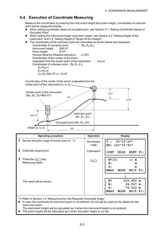 5-3
5 COORDINATE MEASUREMENT
5.4 Execution of Coordinate Measuring
Measure the coordinates by entering the instrument height and prism height, coordinates of unknown
point will be measured directly.
When setting coordinate values of occupied point, see Section 5.1 “Setting Coordinate Values of
Occupied Point”
When setting the instrument height and prism height, see Section 5.2 “Setting Height of the
Instrument” and 5.3 “Setting Height of Target (Prism Height)”.
The coordinates of the unknown point are calculated as shown below and displayed:
Coordinates of occupied point : (N0, E0,Z0)
Instrument height : INS.HT
Prism height : R.HT
Vertical distance (Relative elevation) : z (VD)
Coordinates of the center of the prism,
originated from the center point of the instrument : (n,e,z)
Coordinates of unknown point : (N1,E1,Z1)
N1=N0+n
E1=E0+e
Z1=Z0+INS.HT+z - R.HT
Operating procedure Operation Display
1 Set the direction angle of known point A. *1)
2 Collimate target prism.
Set direction
angle
Collimate P
3 Press the [ ] key.
Measuring starts.
The result will be shown.
[ ]
*1) Refer to Section 3.3 “Measuring from the Required Horizontal Angle”.
In case the coordinate of instrument point is not entered, (0,0,0) will be used as the default for the
instrument point.
The instrument height will be calculated as 0 when the instrument height is not entered.
The prism height will be calculated as 0 when the prism height is not set.
Origin (o, o, o)
Occupied point (No, Eo, Zo)
Center point of the instrument
(No, Eo, Zo+INS.HT)
Coordinates of the center of the prism, originated from the
center point of the instrument (n, e, z)
Unknown point
(N1, E1, Z1)
V : 90°10'20"
HR: 120°30'40"
0SET HOLD HSET P1↓
N*[r] << m
E: m
Z: m
MEAS MODE NP/P P1↓
N* 123.456 m
E: 34.567 m
Z: 78.912 m
MEAS MODE NP/P P1↓
 