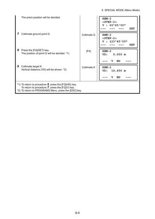 6-4
6 SPECIAL MODE (Menu Mode)
The prism position will be decided.
7 Collimate ground point G. Collimate G
8 Press the [F4](SET) key.
The position of point G will be decided. *1)
[F4]
9 Collimate target K.
Vertical distance (VD) will be shown. *2)
Collimate K
*1) To return to procedure 5, press the [F3](HD) key.
To return to procedure 7, press the [F2](V) key.
*2) To return to PROGRAMS Menu, press the [ESC] key.
REM-2
<STEP-2>
V : 60°45'50"
––– ––– ––– SET
REM-2
<STEP-2>
V : 123°45'50"
––– ––– ––– SET
REM-2
VD: 0.000 m
––– V HD –––
REM-2
VD: 10.456 m
––– V HD –––
 