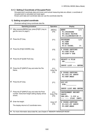 6-8
6 SPECIAL MODE (Menu Mode)
6.1.3 Setting Z Coordinate of Occupied Point
Occupied point coordinate data and known point actual measuring data are utilized, z coordinate of
occupied point is calculated and reset again.
Known point data and coordinate data can use the coordinate data file.
1) Setting occupied coordinate
[Example setting] Using coordinate data file.
Operating procedure Operation Display
1 After pressing [MENU] key, press [F4](P↓) key to
get the menu on page 2.
[MENU]
[F4]
2 Press the [F1] key. [F1]
3 Press the [F3](Z COORD.) key. [F3]
4 Press the [F1](USE FILE) key.
5 Press the [F1](INPUT) key and enter the File
Name.
[F1]
[F1]
Enter FN
[F4]
6 Press the [F1] key. [F1]
7 Press the [F1](INPUT) key and enter the Point
number. Instrument height setting display will be
shown.
[F1]
Enter PT#
[F4]
8 Enter the height.
The display returns to Z coordinate menu.
Enter HT
[F4]
For more information about data file, see Chapter 9 “MEMORY MANAGER MODE” .
MENU 2/3
F1:PROGRAMS
F2:GRID FACTOR
F3:ILLUMINATION P↓
PROGRAMS 1/2
F1:REM
F2:MLM
F3:Z COORD. P↓
Z COORD.SETTING
F1:USE FILE
F2:DON’T USE
SELECT A FILE
FN:_________
INPUT LIST ––– ENTER
Z COORD.SETTING
F1:OCC.PT INPUT
F2:REF.MEAS
OCC.PT
PT#:_________
INPUT LIST NEZ ENTER
INSTRUMENT HEIGHT
INPUT
INS.HT= 0.000 m
--- --- [CLR] [ENT]
Z COORD.SETTING
F1:OCC.PT INPUT
F2:REF.MEAS
 