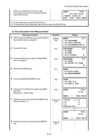 6-12
6 SPECIAL MODE (Menu Mode)
2) Area Calculation from Measured Data
When 3 or more points are set, the area
surrounded by the points is calculated and the
result will be shown.
*1) To set specify point, press the [F1](PT#) key.
*2) To show the list of the coordinate data in the file, press the [F2](LIST) key.
Operating procedure Operation Display
1 After pressing the [MENU] key, press the [F4](P↓)
key to get the menu on page 2/3.
[MENU]
[F4]
2 Press the [F1] key. [F1]
3 Press the [F4](P↓) key to get the PROGRAMS
menu on page 2/2.
[F4]
4 Press the [F1](AREA) key. [F1]
5 Press the [F2](MEASUREMENT) key. [F2]
6 Press the [F1] or [F2] key to select using GRID
FACTOR.
[Example:F2 : DON’T USE]
[F2]
7 Collimate a prism and press the [F1](MEAS) key.
Measuring starts. *1)
Collimate P
[F1]
8 Collimate next point and press the [F1](MEAS)
key.
Collimate
[F1]
AREA 0021
123.456 m.sq
NEXT# :DATA-22
PT# LIST UNIT NEXT
MENU 2/3
F1:PROGRAMS
F2:GRID FACTOR
F3:ILLUMINATION P↓
PROGRAMS 1/2
F1:REM
F2:MLM
F3:Z COORD. P↓
PROGRAMS 2/2
F1:AREA
F2:POINT TO LINE
P↓
AREA
F1:FILE DATA
F2:MEASUREMENT
AREA
F1:USE G.F.
F2:DON’T USE
AREA 0000
m.sq
MEAS ––– UNIT NP/P
N*[n] <<< m
E: m
Z: m
>Measuring...
AREA 0001
m.sq
MEAS ––– UNIT NP/P
 