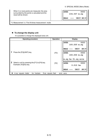 6-13
6 SPECIAL MODE (Menu Mode)
To change the display unit
It is possible to change the displayed area unit.
When 3 or more points are measured, the area
surrounded by the points is calculated and the
result will be shown.
*1) Measurement is Fine N-times measurement mode.
Operating procedure Operation Display
1 Press the [F3](UNIT) key. [F3]
2 Select a unit by pressing the [F1] to [F4] key.
Example: [F2](ha) key.
[F2]
m.sq : square meter ha : hectare ft.sq : square feet acre : acre.
AREA 0003
234.567 m.sq
MEAS ––– UNIT NP/P
AREA 0003
100.000 m.sq
MEAS ––– UNIT NP/P
AREA 0003
100.000 m.sq
m.sq ha ft.sq acre
AREA 0003
0.010 ha
MEAS ––– UNIT NP/P
 