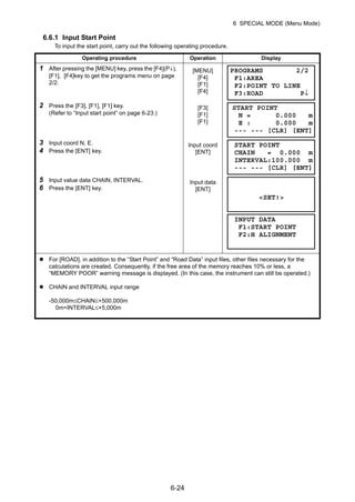 6-24
6 SPECIAL MODE (Menu Mode)
6.6.1 Input Start Point
To input the start point, carry out the following operating procedure.
Operating procedure Operation Display
1 After pressing the [MENU] key, press the [F4](P↓),
[F1], [F4]key to get the programs menu on page
2/2.
[MENU]
[F4]
[F1]
[F4]
2 Press the [F3], [F1], [F1] key.
(Refer to “Input start point” on page 6-23.)
[F3]
[F1]
[F1]
3 Input coord N, E.
4 Press the [ENT] key.
Input coord
[ENT]
5 Input value data CHAIN, INTERVAL.
6 Press the [ENT] key.
Input data
[ENT]
For [ROAD], in addition to the “Start Point” and “Road Data” input files, other files necessary for the
calculations are created. Consequently, if the free area of the memory reaches 10% or less, a
“MEMORY POOR” warning message is displayed. (In this case, the instrument can still be operated.)
CHAIN and INTERVAL input range
-50,000m≤CHAIN≤+500,000m
0m<INTERVAL≤+5,000m
PROGRAMS 2/2
F1:AREA
F2:POINT TO LINE
F3:ROAD P↓
START POINT
N = 0.000 m
E : 0.000 m
--- --- [CLR] [ENT]
START POINT
CHAIN = 0.000 m
INTERVAL:100.000 m
--- --- [CLR] [ENT]
<SET!>
INPUT DATA
F1:START POINT
F2:H ALIGNMENT
 