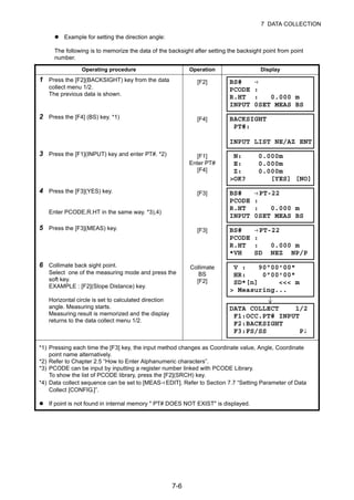 7-6
7 DATA COLLECTION
Example for setting the direction angle:
The following is to memorize the data of the backsight after setting the backsight point from point
number.
Operating procedure Operation Display
1 Press the [F2](BACKSIGHT) key from the data
collect menu 1/2.
The previous data is shown.
[F2]
2 Press the [F4] (BS) key. *1) [F4]
3 Press the [F1](INPUT) key and enter PT#. *2) [F1]
Enter PT#
[F4]
4 Press the [F3](YES) key.
Enter PCODE,R.HT in the same way. *3),4)
[F3]
5 Press the [F3](MEAS) key. [F3]
6 Collimate back sight point.
Select one of the measuring mode and press the
soft key.
EXAMPLE : [F2](Slope Distance) key.
Horizontal circle is set to calculated direction
angle. Measuring starts.
Measuring result is memorized and the display
returns to the data collect menu 1/2.
Collimate
BS
[F2]
*1) Pressing each time the [F3] key, the input method changes as Coordinate value, Angle, Coordinate
point name alternatively.
*2) Refer to Chapter 2.5 “How to Enter Alphanumeric characters”.
*3) PCODE can be input by inputting a register number linked with PCODE Library.
To show the list of PCODE library, press the [F2](SRCH) key.
*4) Data collect sequence can be set to [MEAS→EDIT]. Refer to Section 7.7 “Setting Parameter of Data
Collect [CONFIG.]”.
If point is not found in internal memory " PT# DOES NOT EXIST" is displayed.
BS# →
PCODE :
R.HT : 0.000 m
INPUT 0SET MEAS BS
BACKSIGHT
PT#:
INPUT LIST NE/AZ ENT
N: 0.000m
E: 0.000m
Z: 0.000m
>OK? [YES] [NO]
BS# →PT-22
PCODE :
R.HT : 0.000 m
INPUT 0SET MEAS BS
BS# →PT-22
PCODE :
R.HT : 0.000 m
*VH SD NEZ NP/P
V : 90°00'00"
HR: 0°00'00"
SD*[n] <<< m
> Measuring...
DATA COLLECT 1/2
F1:OCC.PT# INPUT
F2:BACKSIGHT
F3:FS/SS P↓
 