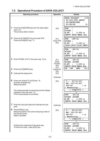7-7
7 DATA COLLECTION
7.2 Operational Procedure of DATA COLLECT
Operating procedure Operation Display
1 Press the [F3](FS/SS) key from the data collect
menu 1/2.
The previous data is shown.
[F3]
2 Press the [F1](INPUT) key and enter PT#.
Press the [F4](ENT) key. *1)
[F1]
Enter PT#
[F4]
3 Enter PCODE, R.HT in the same way. *2),3)
4 Press the [F3](MEAS) key.
5 Collimate the target point.
[F1]
Enter
PCODE
[F4]
[F1]
EnterR.HT
[F4]
[F3]
Collimate
6 Press one of the [F1] to [F3] key. *4)
Example: [F2](SD) key.
Measuring starts.
The measuring data is memorized and the display
changes to the next point. *5)
PT# is automatically incremented.
[F2]
7 Enter the next point data and collimate the next
point.
Collimate
8 Press [F4](ALL) key.
Measuring starts in the same measuring mode of
the previous point.
Data is recorded.
Continue the measuring in the same way.
To finish the mode , press [ESC] key.
[F4]
DATA COLLECT 1/2
F1:OCC.PT# INPUT
F2:BACKSIGHT
F3:FS/SS P↓
PT# →
PCODE :
R.HT : 0.000 m
INPUT SRCH MEAS ALL
PT# =PT-01
PCODE :
R.HT : 0.000 m
[ALP][SPC][CLR][ENT]
PT# :PT-01
PCODE →
R.HT : 0.000 m
INPUT SRCH MEAS ALL
PT# →PT-01
PCODE :RIVER
R.HT : 1.200 m
INPUT SRCH MEAS ALL
VH *SD NEZ P1↓
V : 90°10'20"
HR: 120°30'40"
SD*[n] < m
> Measuring...
< complete >
PT# →PT-02
PCODE :RIVER
R.HT : 1.200 m
INPUT SRCH MEAS ALL
V : 90°10'20"
HR: 120°30'40"
SD*[n] < m
> Measuring...
< complete >
PT# →PT-03
PCODE :RIVER
R.HT : 1.200 m
INPUT SRCH MEAS ALL
 