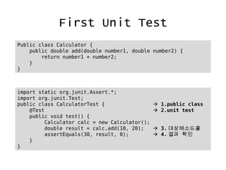 First Unit Test
Public class Calculator {
public double add(double number1, double number2) {
return number1 + number2;
}
}
import static org.junit.Assert.*;
import org.junit.Test;
public class CalculatorTest { ? 1.public class
@Test ? 2.unit test
public void test() {
Calculator calc = new Calculator();
double result = calc.add(10, 20); ? 3. ??????
assertEquals(30, result, 0); ? 4. ?? ??
}
}
 