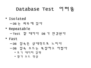 Database Test ???
? Isolated
C DB ? ??? ??
? Repeatable
C Test ? ??? DB ? ????
? Fast
C DB ??? ????? ???
C DB ?? ??? ???? ???
? ?? ??? ??
? ?? ?? ??
 
