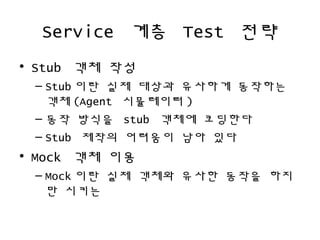 Service ?? Test ??
? Stub ?? ??
C Stub ?? ?? ??? ???? ????
?? (Agent ????? )
C ?? ??? stub ??? ????
C Stub ??? ???? ?? ??
? Mock ?? ??
C Mock ?? ?? ??? ??? ??? ??
? ???
 