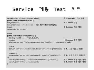 Service ?? Test ??
@RunWith(MockitoJUnitRunner.class) ? 1. mockito ?? ??
public class ServerServiceTest {
@InjectMocks ? 2. mock ??
ServerService serverService = new ServerServiceImpl();
@Mock ? 3. mock ?? ??
ServerDao serverDao;
@Test
public void testDiscoveryServer() {
String ipAddress = "127.0.0.1";
//stub ?4. mock ?? ??
when(serverDao.findServerByIpAddress(ipAddress)).thenReturn(null);
//run
Server server=serverService.discoveryServer(ipAddress); ? 5. ?? ??? ??
//assert
assertThat(server.getIpAddress(), equalTo(ipAddress)); ? 6. ??? ?? ?? ?
?
verify(serverDao).findServerByIpAddress(ipAddress); ? 7. mock ?? ?? ??
verify(serverDao).save(server); ? 8. mock ?? ?? ??
}
 