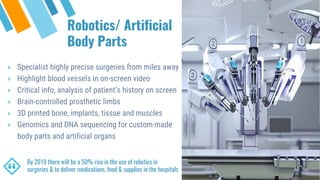 Robotics/ Artificial
Body Parts
“
By 2019 there will be a 50% rise in the use of robotics in
surgeries & to deliver medications, food & supplies in the hospitals
» Specialist highly precise surgeries from miles away
» Highlight blood vessels in on-screen video
» Critical info, analysis of patient’s history on screen
» Brain-controlled prosthetic limbs
» 3D printed bone, implants, tissue and muscles
» Genomics and DNA sequencing for custom-made
body parts and artificial organs
 