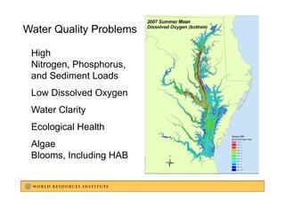 Water Quality Problems

 High
 Nitrogen, Phosphorus,
 and Sediment Loads
 Low Dissolved Oxygen
 Water Clarity
 Ecological Health
 E l i lH lh
 Algae
 Blooms, Including HAB
 
