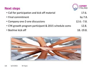 Next steps
• Call for participation and kick off material 17.6.
• Final commitment by 7.8.
• Company one-2-one discussions 12.6.- 7.8.
• CYK growth program participant & 2015 schedule coms 12.8.
• Beehive kick off 18.-19.8.
6/17/2015 © Finpro126
 