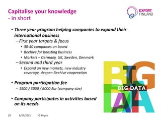Capitalise your knowledge
- in short
• Three year program helping companies to expand their
international business
–First year targets & focus
• 30-40 companies on board
• Beehive for boosting business
• Markets – Germany, UK, Sweden, Denmark
–Second and third year
• Expand on new markets, new industry
coverage, deepen Beehive cooperation
• Program participation fee
– 1500 / 3000 / 6000 Eur (company size)
• Company participates in activities based
on its needs
6/17/2015 © Finpro20
 