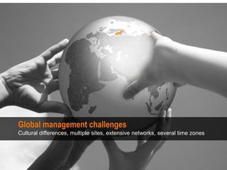 Global management challenges
Cultural differences, multiple sites, extensive networks, several time zones
 