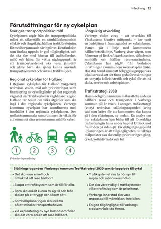 13Inledning
Sveriges transportpolitiska mål
Cykelplanen utgår från det transportpolitiska
målet att säkerställa en samhällsekonomiskt
effektiv och långsiktigt hållbar trafikförsörjning
förmedborgarnaochnäringslivet.Denfunktion
som önskas uppnås är god tillgänglighet, och
det ska ske med hänsyn till trafiksäkerhet,
miljö och hälsa. En viktig utgångspunkt är
att transportsystemet ska vara jämställt
och äldre barn ska själva kunna använda
transportsystemet och vistas i trafikmiljöer.
Regional cykelplan för Halland
I Regional cykelplan för Halland 2015-2025
redovisas vision, mål och prioriteringar samt
finansiering av cykelåtgärder på det regionala
vägnätet där Trafikverket är väghållare. Region
Halland tar beslut om vilka åtgärder som ska
ingå i den regionala cykelplanen. Varbergs
kommuns cykelplan har koordinerats med
innehållet i den regionala cykelplanen. Den
mellankommunala samordningen är viktig för
att kunna nå våra gemensamma mål för cykel.
Förutsättningar för ny cykelplan
•	Det ska vara enkelt och
attraktivt att resa hållbart.
•	Skapa ett trafiksystem som är till för alla.
•	Barn ska enkelt kunna ta sig till och från
skolan på ett tryggt och säkert sätt.
•	Samhällsplaneringen ska inriktas
på att minska transportbehoven.
•	Vid exploatering av nya bostadsområden
ska det vara enkelt att resa hållbart.
Långsiktig utveckling
Varbergs vision 2025 – att utvecklas till
Västkustens kreativa mittpunkt – har varit
en ledstjärna i framtagandet av cykelplanen.
Planen går i linje med kommunens
hållbarhetsriktlinje, Varberg visar vägen, som
fokuserarpå livskraftigaekosystem,välmående
samhälle och hållbar resursanvändning.
Cykelplanen har utgått från beslutade
inriktningar i kommunens översiktsplan 2010.
Här står bland annat att bebyggelsegrupper ska
lokaliseras så att det finns goda förutsättningar
att utnyttja kollektivtrafik och cykel för att nå
skola, service och arbetsplatser.
Trafikstrategi 2030
Hamn-ochgatunämndensmålärattökaandelen
hållbara resor och transporter i Varbergs
kommun till år 2020. I antagen trafikstrategi
(2015) redovisas ställningstaganden kring
vad som krävs för att kommunen ska kunna
gå i den riktningen, se nedan. En analys om
hur cykelplanen kan bidra till att förverkliga
trafikstrategin finns under kapitel Utblick mot
framtiden på sidan 48. En viktig utgångspunkt
i planeringen är att tillgängligheten till viktiga
målpunkter ska ske enligt prioriteringen gång,
cykel, kollektivtrafik och bil.
•	Trafiksystemet ska ta hänsyn till
miljön och människors hälsa.
•	Det ska vara tydligt i trafiksystemet
vilket trafikslag som är prioriterat.
•	Varbergs innerstad ska vara
anpassad till människan, inte bilen.
•	En god tillgänglighet till Varbergs
stadsområde ska finnas.
Ställningstaganden i Varbergs kommuns Trafikstrategi 2030 som är kopplade till cykel
1 2 3 4
Prioriteringsordning
 