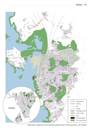 55Bilaga 1
Göingegården
Lugnet Barnabro
Trönninge
Håsten
Brunnsberg
Karlberg
Träslöv
Breared
Södra Näs
Apelviken
Mariedal
Sörse
Hästhaga
Centrum
Nedregården
Äckregården
Norrdal
Trädlyckan
Tranelyckan
Trönningenäs
Bläshammar
Getterön
Exploateringar
Cykelväg
Väg
Järnväg
Tätbebyggt område
Industriområde
Hamn
Offentlig byggnad
Större grönområde
Tvååker
Cykelvägar i pågående och kommande exploateringar i Varbergs tätort och Tvååker
 