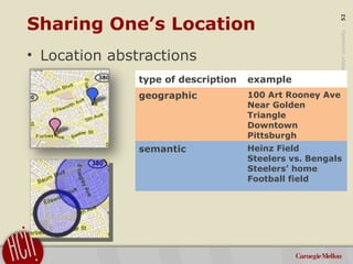 ©2011CarnegieMellonUniversity:52
Sharing One’s Location
• Location abstractions
type of description example
geographic 100...