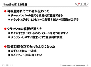 Copyright CYBIRD Co., Ltd. All Rights Reserved. 20
ҕƥФä
? `Щ`lǤҕҙĤ˰դǤ
? å夬तȥӥ`Ӱ푤ȤJRڤ
åνM
? ޤȤޤäƤΤǥѥ`ҊĤ䤹
? å夷䤹ĩ?OSصĤ˗^
ĿˤƤ褦ˤʤä
? ޤ5%Ф _
? यƤ23%֤
SmartBeatˤ
 