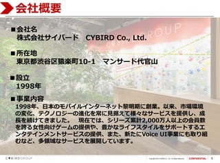 Copyright 2015 CYBIRD Co., Ltd. All Rights Reserved. 5
Ҫ
O
1998

ʽ祵Щ` CYBIRD Co., Ltd.
ڵ
|iԳS10-1 ޥ󥵩`ɴɽ
O
1998
I
1998ꡢձΥХ륤󥿩`ͥåڤ˄IЈh
Ή仯ƥΥ`M򳣤ҊݤƘʥ`ӥṩ
LAƤޤ FڤǤϡ`Ӌ2,000ϤλT
FŮ򤱥`ṩ䡢Nʥ饤ե򥵥ݩ`Ȥ륨
󥿥ƥȥ`ӥṩޤ¤Voice UIIˤȡM
ʤɡIʥ`ӥչ_Ƥޤ
 