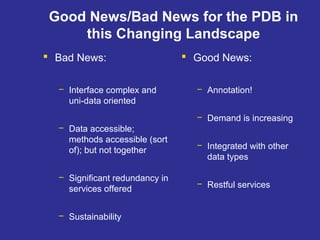 Good News/Bad News for the PDB in
this Changing Landscape
 Bad News:
– Interface complex and
uni-data oriented
– Data accessible;
methods accessible (sort
of); but not together
– Significant redundancy in
services offered
– Sustainability
 Good News:
– Annotation!
– Demand is increasing
– Integrated with other
data types
– Restful services
 
