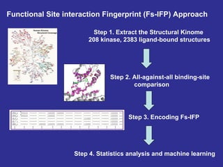 Functional Site interaction Fingerprint (Fs-IFP) Approach
Step 1. Extract the Structural Kinome
208 kinase, 2383 ligand-bound structures
Step 2. All-against-all binding-site
comparison
Step 3. Encoding Fs-IFP
Step 4. Statistics analysis and machine learning
 