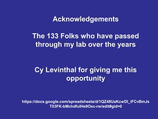 Acknowledgements
The 133 Folks who have passed
through my lab over the years
Cy Levinthal for giving me this
opportunity
https://docs.google.com/spreadsheets/d/1QZ48UaKcwDl_iFCvBmJs
T03FK-bMchdfuIHe9Oxc-rw/edit#gid=0
 