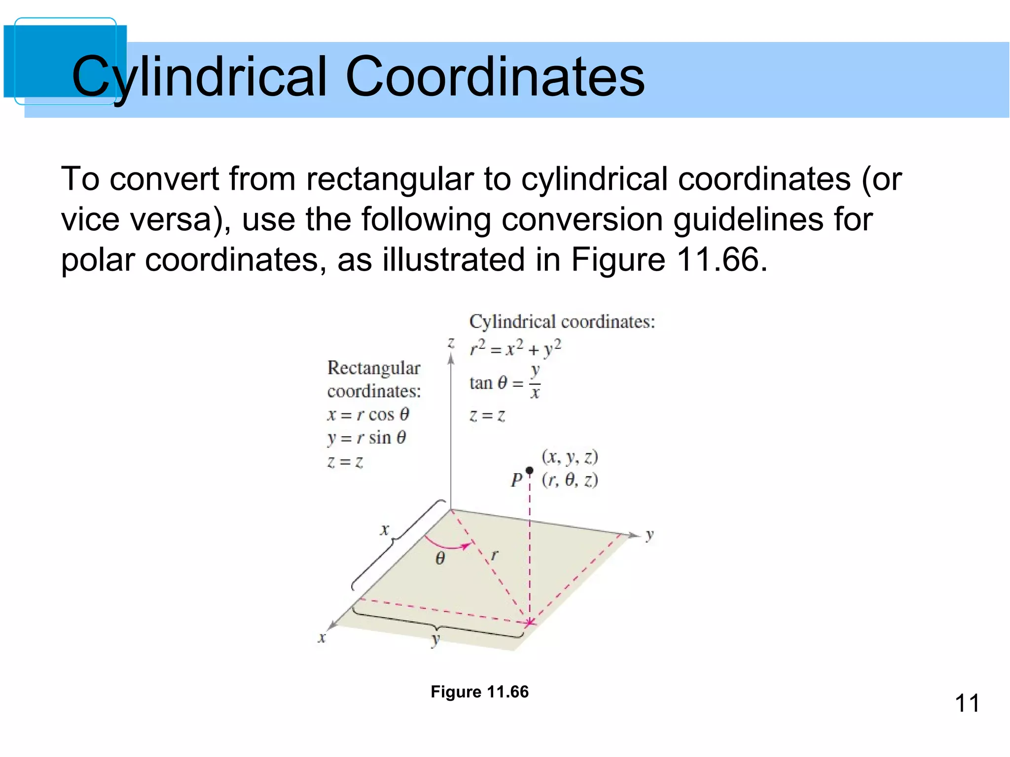 11
To convert from rectangular to cylindrical coordinates (or
vice versa), use the following conversion guidelines for
polar coordinates, as illustrated in Figure 11.66.
Figure 11.66
Cylindrical Coordinates
 