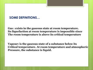 SOME DEFINITIONS…
Gas : exists in the gaseous state at room temperature.
Its liquefaction at room temperature is impossible since
The room temperature is above its critical temperature
Vapour: is the gaseous state of a substance below its
Critical temperature. At room temperature and atmospheric
Pressure, the substance is liquid.
 
