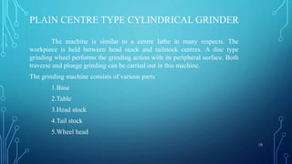 PLAIN CENTRE TYPE CYLINDRICAL GRINDER
The machine is similar to a centre lathe in many respects. The
workpiece is held between head stock and tailstock centres. A disc type
grinding wheel performs the grinding action with its peripheral surface. Both
traverse and plunge grinding can be carried out in this machine.
The grinding machine consists of various parts
1.Base
2.Table
3.Head stock
4.Tail stock
5.Wheel head
10
 