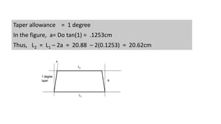 Taper allowance = 1 degree
In the figure, a= Do tan(1) = .1253cm
Thus, L2 = L1 – 2a = 20.88 – 2(0.1253) = 20.62cm
 