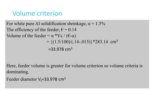 Volume criterion
For white pure Al solidification shrinkage, α = 1.5%
The efficiency of the feeder, € = 0.14
Volume of the feeder = α *Vc / (€-α)
= {(1.5/100)/(.14-.015)}*283.14 cm3
=33.978 cm3
Here, feeder volume is greater for volume criterion so volume criteria is
dominating.
Feeder diameter Vf=33.978 cm3
 