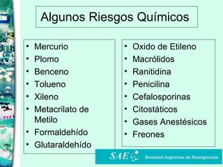 Algunos Riesgos Químicos   Mercurio Plomo Benceno Tolueno Xileno Metacrilato de Metilo Formaldehído Glutaraldehído Oxido de Etileno Macrólidos Ranitidina Penicilina Cefalosporinas Citostáticos Gases Anestésicos Freones 