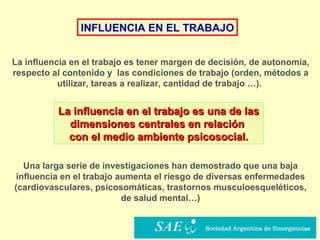 INFLUENCIA EN EL TRABAJO Una larga serie de investigaciones han demostrado que una baja  influencia en el trabajo aumenta el riesgo de diversas enfermedades  (cardiovasculares, psicosomáticas, trastornos musculoesqueléticos,  de salud mental…)   La influencia en el trabajo es tener margen de decisión, de autonomía, respecto al contenido y  las condiciones de trabajo (orden, métodos a utilizar, tareas a realizar, cantidad de trabajo …).   La influencia en el trabajo es una de las dimensiones centrales en relación  con el medio ambiente psicosocial. 