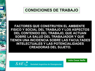 FACTORES QUE CONSTRUYEN EL AMBIENTE  FISICO Y SOCIAL DEL TRABAJO Y LOS ASPECTOS DEL CONTENIDO DEL TRABAJO, QUE ACTUAN SOBRE LA SALUD DEL TRABAJADOR Y QUE  TIENEN UNA INCIDENCIA SOBRE LAS FACULTADES INTELECTUALES Y LAS POTENCIALIDADES CREADORAS DEL SUJETO. Julio Cesar Neffa CONDICIONES DE TRABAJO 