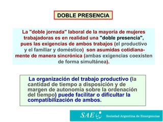 DOBLE PRESENCIA La organización del trabajo productivo ( la cantidad de tiempo a disposición y de margen de autonomía sobre la ordenación del tiempo ) puede facilitar o dificultar la compatibilización de ambos. La "doble jornada" laboral de la mayoría de mujeres trabajadoras es en realidad una  "doble presencia",   pues las exigencias de ambos trabajos ( el productivo y el familiar y doméstico )  son asumidas cotidiana- mente de manera sincrónica ( ambas exigencias coexisten de forma simultánea ). 