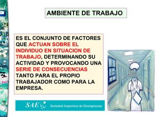 AMBIENTE DE TRABAJO ES EL CONJUNTO DE FACTORES QUE  ACTUAN SOBRE EL INDIVIDUO EN SITUACION DE TRABAJO , DETERMINANDO SU ACTIVIDAD Y PROVOCANDO UNA  SERIE DE CONSECUENCIAS  TANTO PARA EL PROPIO TRABAJADOR COMO PARA LA EMPRESA. 