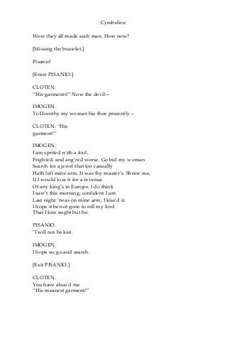 Cymbeline
Were they all made such men. How now?
[Missing the bracelet.]
Pisanio!
[Enter PISANIO.]
CLOTEN.
“His garments!” Now the devil—
IMOGEN.
To Dorothy my woman hie thee presently—
CLOTEN. “His
garment!”
IMOGEN.
I am sprited with a fool,
Frighted, and ang’red worse. Go bid my woman
Search for a jewel that too casually
Hath left mine arm. It was thy master’s. Shrew me,
If I would lose it for a revenue
Of any king’s in Europe. I do think
I saw’t this morning; confident I am
Last night ‘twas on mine arm; I kiss’d it.
I hope it be not gone to tell my lord
That I kiss aught but he.
PISANIO.
‘Twill not be lost.
IMOGEN.
I hope so; go and search.
[Exit PISANIO.]
CLOTEN.
You have abus’d me
“His meanest garment!”
 