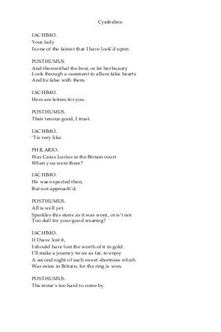 Cymbeline
IACHIMO.
Your lady
Is one of the fairest that I have look’d upon.
POSTHUMUS.
And therewithal the best; or let her beauty
Look through a casement to allure false hearts
And be false with them.
IACHIMO.
Here are letters for you.
POSTHUMUS.
Their tenour good, I trust.
IACHIMO.
‘Tis very like.
PHILARIO.
Was Caius Lucius in the Britain court
When you were there?
IACHIMO.
He was expected then,
But not approach’d.
POSTHUMUS.
All is well yet.
Sparkles this stone as it was wont, or is’t not
Too dull for your good wearing?
IACHIMO.
If I have lost it,
I should have lost the worth of it in gold.
I’ll make a journey twice as far, to enjoy
A second night of such sweet shortness which
Was mine in Britain; for the ring is won.
POSTHUMUS.
The stone’s too hard to come by.
 