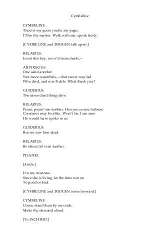Cymbeline
CYMBELINE.
Thou’rt my good youth, my page;
I’ll be thy master. Walk with me; speak freely.
[CYMBELINE and IMOGEN talk apart.]
BELARIUS.
Is not this boy, reviv’d from death,—
ARVIRAGUS.
One sand another
Not more resembles,—that sweet rosy lad
Who died, and was Fidele. What think you?
GUIDERIUS.
The same dead thing alive.
BELARIUS.
Peace, peace! see further. He eyes us not; forbear;
Creatures may be alike. Were’t he, I am sure
He would have spoke to us.
GUIDERIUS.
But we saw him dead.
BELARIUS.
Be silent; let’s see further.
PISANIO.
[Aside.]
It is my mistress.
Since she is living, let the time run on
To good or bad.
[CYMBELINE and IMOGEN come forward.]
CYMBELINE.
Come, stand thou by our side;
Make thy demand aloud.
[To IACHIMO.]
 