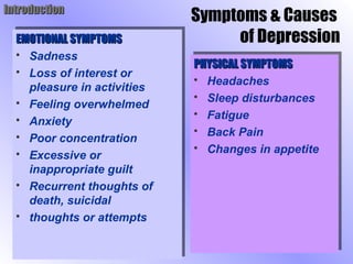 EMOTIONAL SYMPTOMSEMOTIONAL SYMPTOMS
 Sadness
 Loss of interest or
pleasure in activities
 Feeling overwhelmed
 Anxiety
 Poor concentration
 Excessive or
inappropriate guilt
 Recurrent thoughts of
death, suicidal
 thoughts or attempts
EMOTIONAL SYMPTOMSEMOTIONAL SYMPTOMS
 Sadness
 Loss of interest or
pleasure in activities
 Feeling overwhelmed
 Anxiety
 Poor concentration
 Excessive or
inappropriate guilt
 Recurrent thoughts of
death, suicidal
 thoughts or attempts
PHYSICAL SYMPTOMSPHYSICAL SYMPTOMS
 Headaches
 Sleep disturbances
 Fatigue
 Back Pain
 Changes in appetite
PHYSICAL SYMPTOMSPHYSICAL SYMPTOMS
 Headaches
 Sleep disturbances
 Fatigue
 Back Pain
 Changes in appetite
IntroductionIntroduction
Symptoms & Causes
of Depression
 