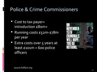 14
Police & Crime Commissioners
 Cost to tax payer=
introduction £80m+
 Running costs £52m-£78m
per year
 Extra costs over 5 years at
least £101m = 600 police
officers
source:fullfact.org
 