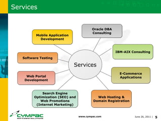 Services Mobile Application Development Oracle DBA Consulting IBM-AIX Consulting E-Commerce Applications Web Hosting & Domain Registration Search Engine Optimization (SEO) and Web Promotions (Internet Marketing) Web Portal Development Services Software Testing 