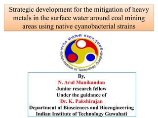 Strategic development for the mitigation of heavy
metals in the surface water around coal mining
areas using native cyanobacterial strains
By,
N. Arul Manikandan
Junior research fellow
Under the guidance of
Dr. K. Pakshirajan
Department of Biosciences and Bioengineering
Indian Institute of Technology Guwahati
 