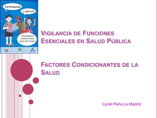 Vigilancia de Funciones  Esenciales en Salud PúblicaFactores Condicionantes de la Salud Cyndi Peña La Madrid 
