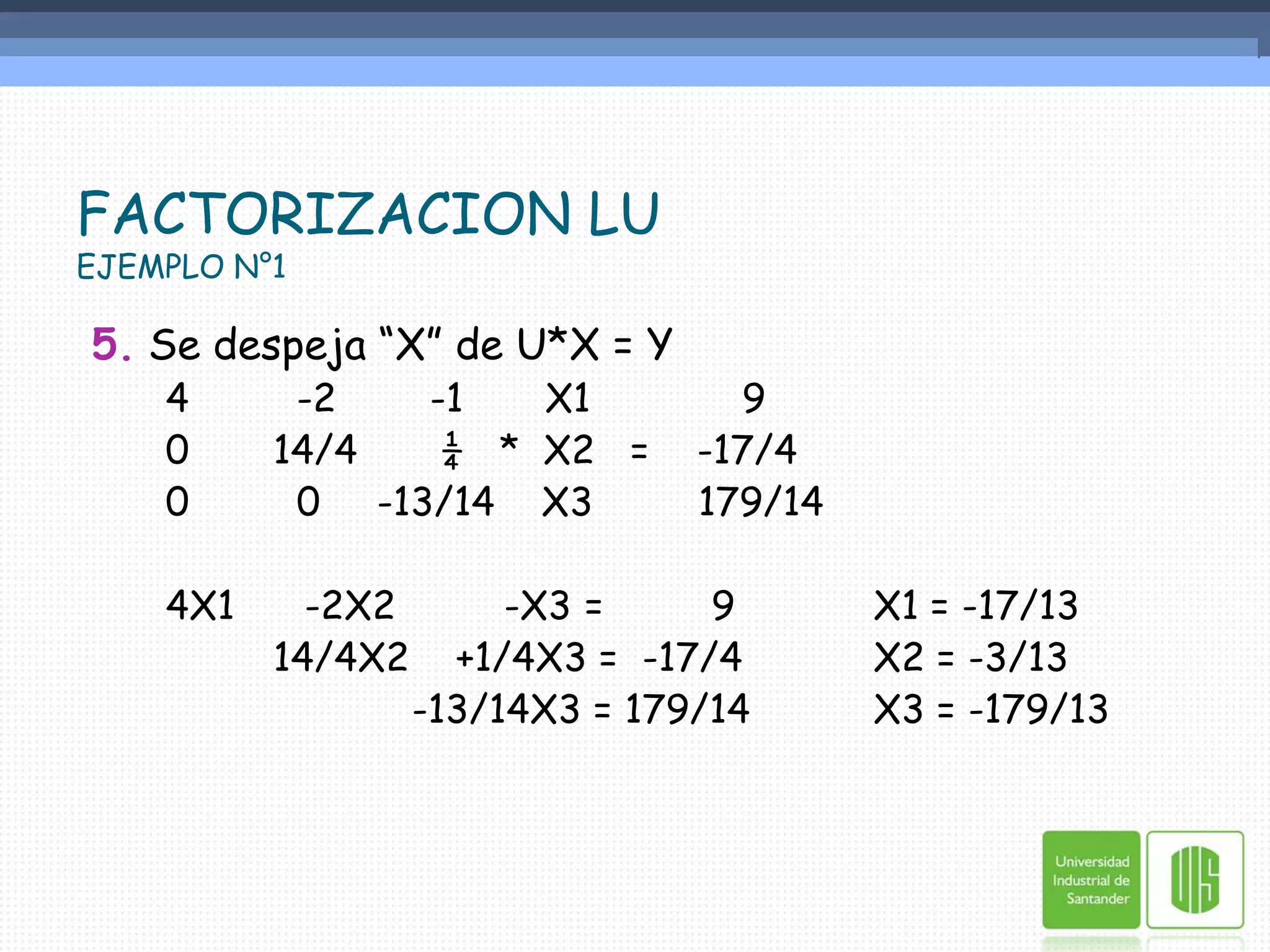 FACTORIZACION LUEJEMPLO N°15. Se despeja “X” de U*X = Y	4	        -2        -1       X1             9	0	      14/4       ¼   *  X2   =    -17/4	0	        0	    -13/14    X3         179/14	4X1      -2X2	    -X3	=	9	   X1 = -17/13		      14/4X2    +1/4X3 =  -17/4	   X2 = -3/13			       -13/14X3 = 179/14	   X3 = -179/13