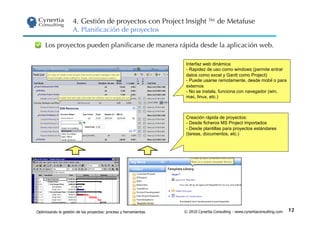 4. Gestión de proyectos con Project Insight ™ de Metafuse
                     A. Planiﬁcación de proyectos

     Los proyectos pueden planiﬁcarse de manera rápida desde la aplicación web.

                                                                   Interfaz web dinámica
                                                                   -  Rapidez de uso como windows (permite entrar
                                                                   datos como excel y Gantt como Project)
                                                                   -  Puede usarse remotamente, desde mobil o para
                                                                   externos
                                                                   -  No se instala, funciona con navegador (win,
                                                                   mac, linux, etc.)



                                                                   Creación rápida de proyectos:
                                                                   -  Desde ficheros MS Project importados
                                                                   -  Desde plantillas para proyectos estándares
                                                                   (tareas, documentos, etc.)




Optimizando la gestión de los proyectos: proceso y herramientas   © 2010 Cynertia Consulting - www.cynertiaconsulting.com   12
 
