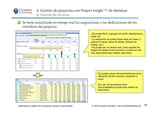 4. Gestión de proyectos con Project Insight ™ de Metafuse
                     B. Gestión de recursos

     Se tiene actualizado en tiempo real las asignaciones y las dedicaciones de los
     miembros del proyecto.
                                                                  -  Se puede filtrar y agrupar por perfil, departamento,
                                                                  coste, etc.
                                                                  -  La asignación se puede hacer tarea por tarea, o
                                                                  asignar en grupo (tipos de tareas, bloques de
                                                                  trabajo, etc.)
                                                                  -  Se puede ver, en tiempo real, como quedan las
                                                                  cargas de trabajo de los recursos y cuales son los
                                                                  más adecuados para realizar cada tarea.




                                                                         Se pueden sacar informes fácilmente de la
                                                                         utilización de los recursos o exportar a
                                                                         excel.

                                                                         Aún así, la herramienta tiene
                                                                         funcionalidades propias para realizar la
                                                                         facturación.




Optimizando la gestión de los proyectos: proceso y herramientas    © 2010 Cynertia Consulting - www.cynertiaconsulting.com   13
 