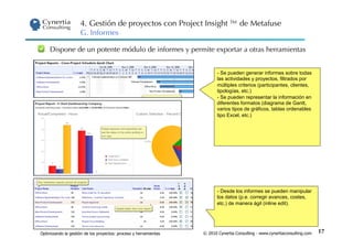 4. Gestión de proyectos con Project Insight ™ de Metafuse
                     G. Informes

     Dispone de un potente módulo de informes y permite exportar a otras herramientas


                                                                         -  Se pueden generar informes sobre todas
                                                                         las actividades y proyectos, filtrados por
                                                                         múltiples criterios (participantes, clientes,
                                                                         tipologías, etc.)
                                                                         -  Se pueden representar la información en
                                                                         diferentes formatos (diagrama de Gantt,
                                                                         varios tipos de gráficos, tablas ordenables
                                                                         tipo Excel, etc.)




                                                                         -  Desde los informes se pueden manipular
                                                                         los datos (p.e. corregir avances, costes,
                                                                         etc.) de manera ágil (inline edit).




Optimizando la gestión de los proyectos: proceso y herramientas   © 2010 Cynertia Consulting - www.cynertiaconsulting.com   17
 