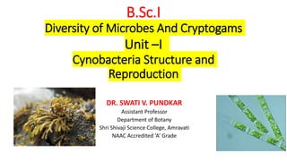 B.Sc.I
Diversity of Microbes And Cryptogams
Unit –I
Cynobacteria Structure and
Reproduction
DR. SWATI V. PUNDKAR
Assistant Professor
Department of Botany
Shri Shivaji Science College, Amravati
NAAC Accredited ‘A’ Grade
 